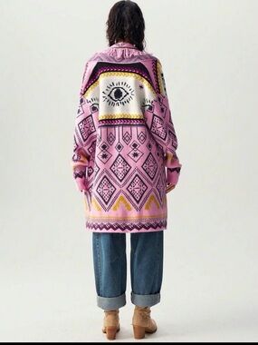 SHEIN Pink Patterned Eye-Graphic Knit Cardigan
